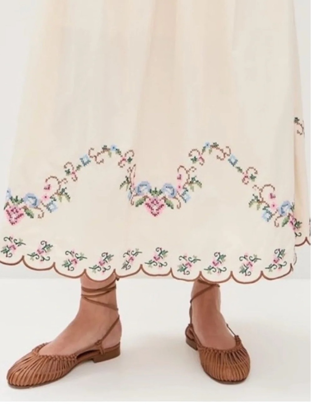 Moon River Ivory Embroidered Cross Stitch Midi Skirt & Top 2-piece set L NWOT - Picture 7 of 9